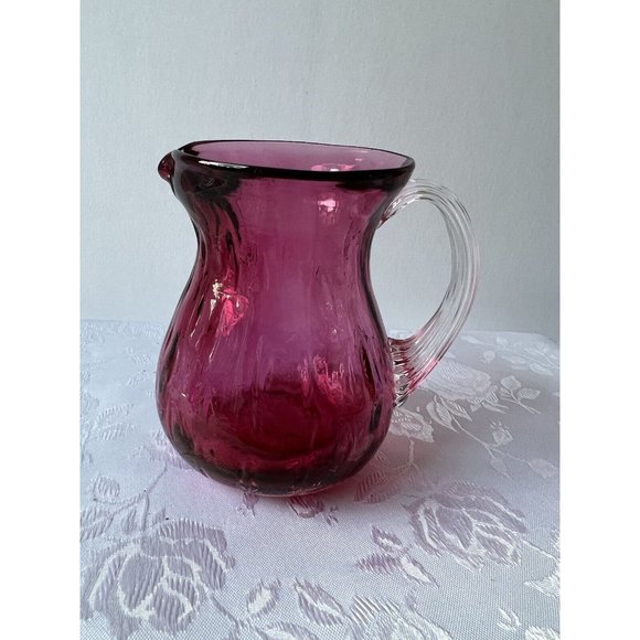 Vtg Pilgrim Cranberry Hand Blown Glass Applied Handle Creamer Pitcher - Picture 4 of 6